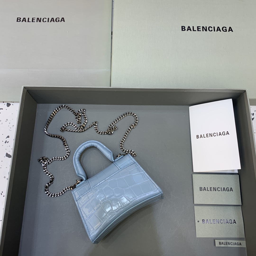 Balenciaga Hourglass Mini Handbag With Chain Crocodile Embossed Shoulder Bag Light blue